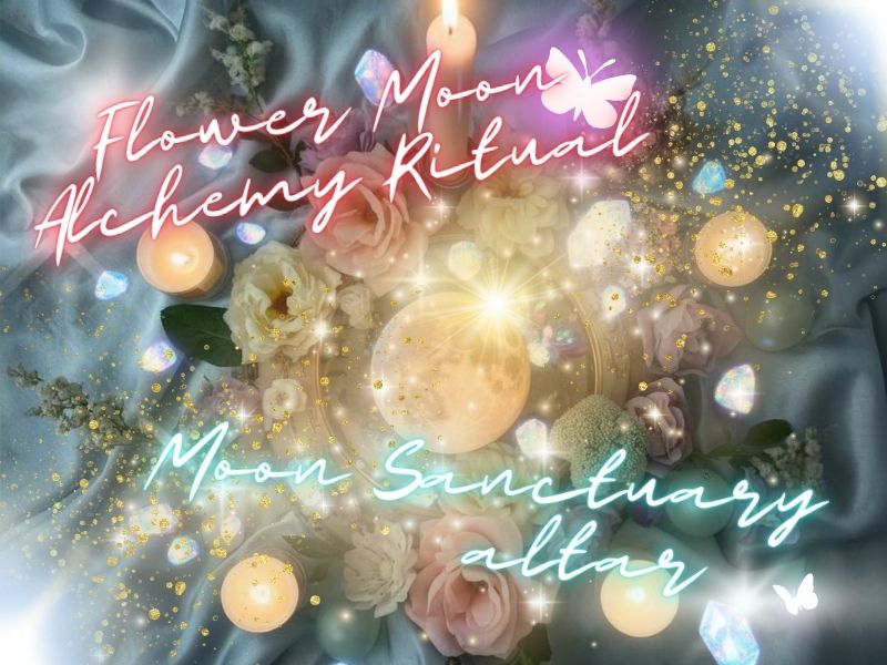Flower Moon Alchemy Ritual｜2026年5月の月のリチュアル祭壇イメージ｜花々、淡い満月、キャンドル、ムーンストーンとラブラドライト、ミントグリーンの光が輝くMoon Sanctuary altar