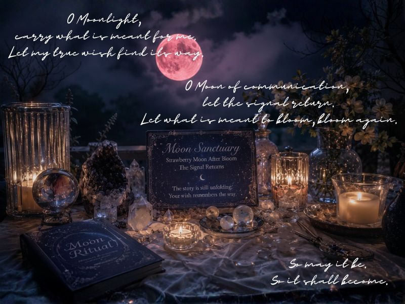 Strawberry Moon After Bloom｜2026年6月のMoon Sanctuary祭壇イメージ。苺色のストロベリームーンの下、ガラスキャンドルと天然石が静かに輝く月の祭壇。再び届くサインと、咲き直す願いをテーマにしたリチュアルビジュアルです。