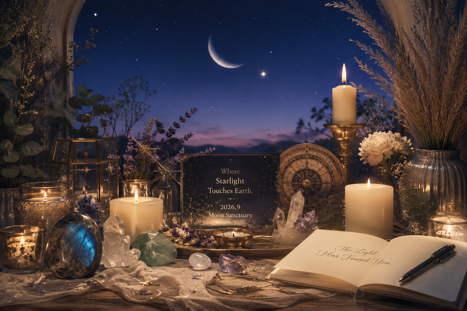 Where Starlight Touches Earth｜2026年9月 Moon Sanctuary Ritual Altar｜秋の夜空と星明かり、月、金星、キャンドル、フローライト、ラブラドライト、ハーブを配した幻想的な月のリチュアル祭壇