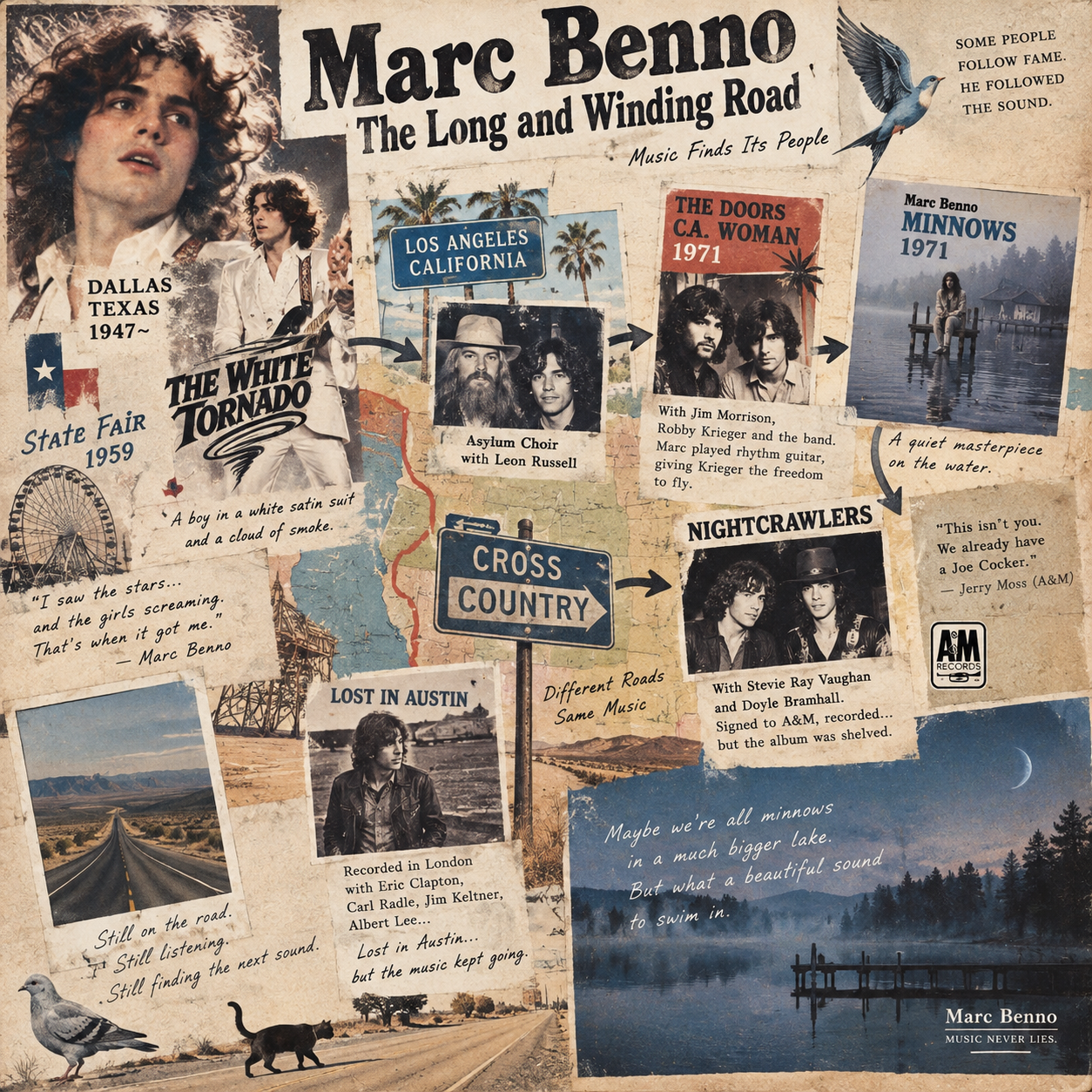 Marc BennoのDallasからLos Angeles、Asylum Choir、L.A. Woman、Minnows、Nightcrawlersなどへ続く音楽人生を表現したCross-Countryイメージ
