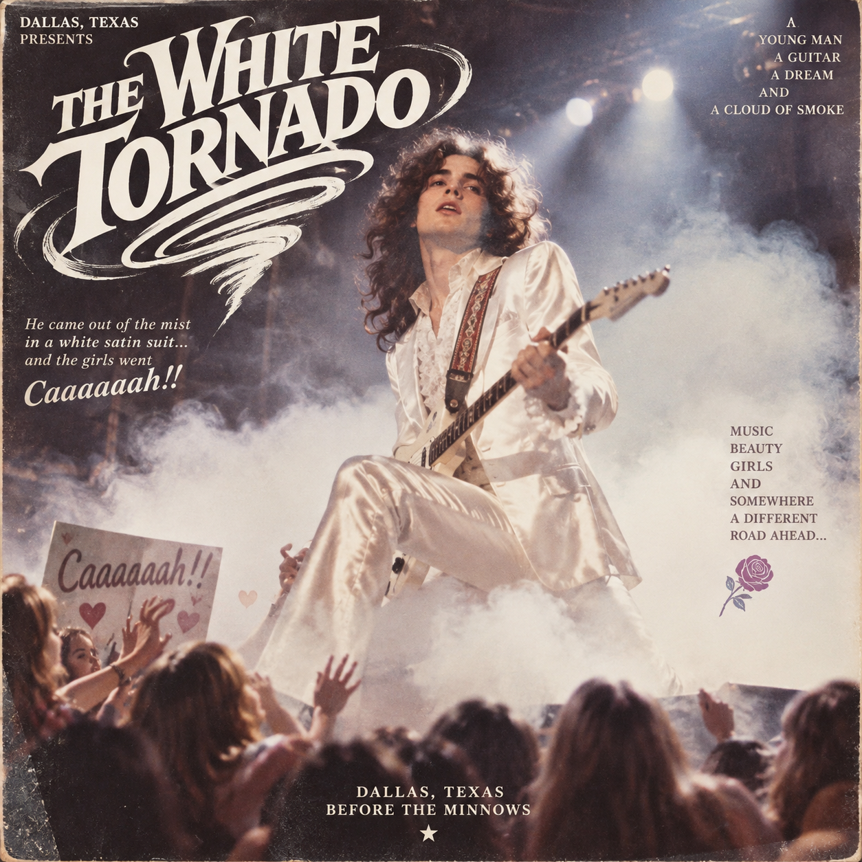 若きMarc BennoのWhite Tornado時代をイメージした白いサテンスーツ姿のイラスト
